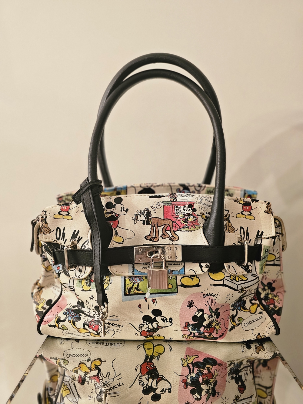 Disney Animation Beige Cartoon Print Satchel Handbag with Black Trim
